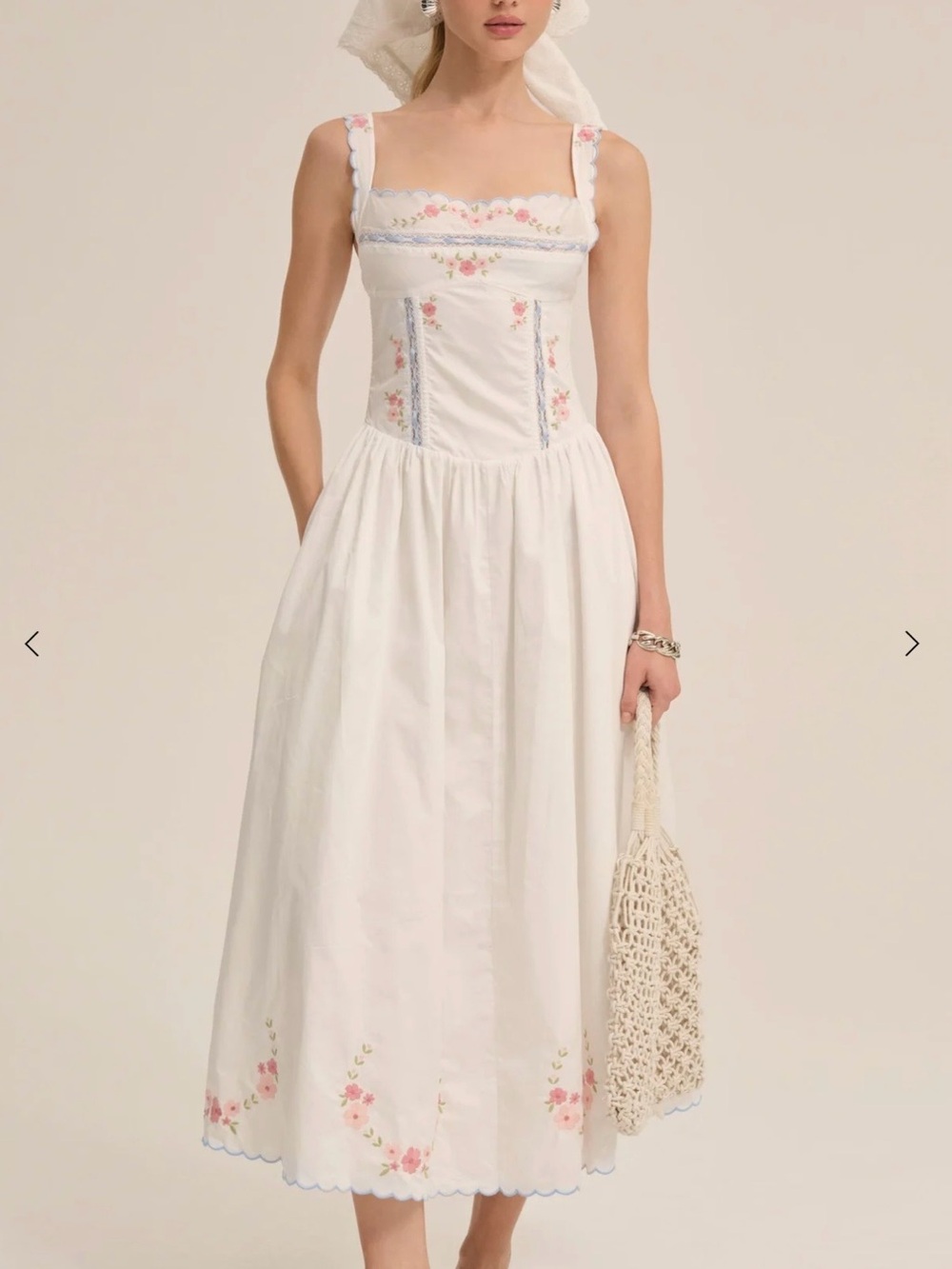 For Love & Lemons Tea Time White Midi Dress with Pink Floral Embroidery